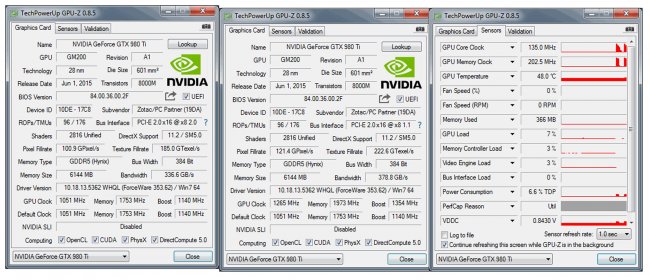 ZOTAC GTX 980 Ti AMP! - Werkszustand, übertaktet, Taktraten im Idle-Modus (v.l.n.r.)