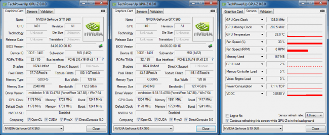MSI GTX 960 2GD5T OC - Werkszustand, übertaktet, Taktraten im Idle-Modus (v.l.n.r.)