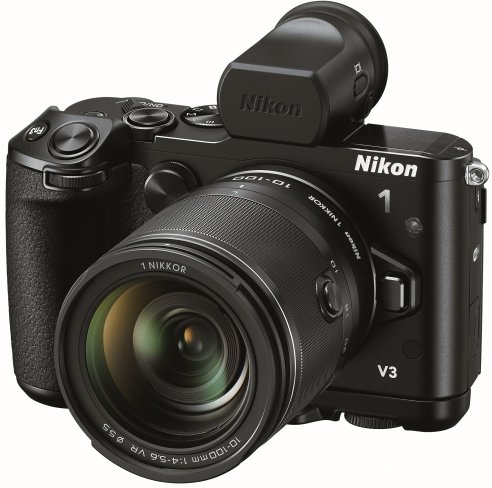 Nikon 1 V3 mit 1 Nikkor 10-100 mm f/4-5.6 VR Objektiv und elektronischem Aufstecksucher (EVF) DF-N1000 [Bildmaterial: Nikon]