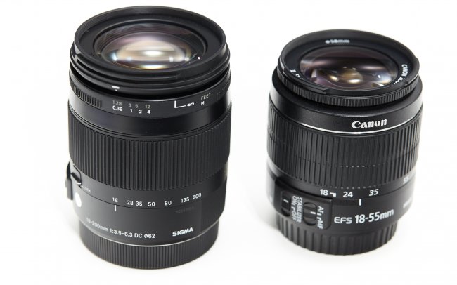 Sigma [C] 18-200 mm f/3.5-6.3 DC OS HSM Makro im Größenvergleich mit dem Canon EF-S 18-55 mm f/3.5-5.6 IS II