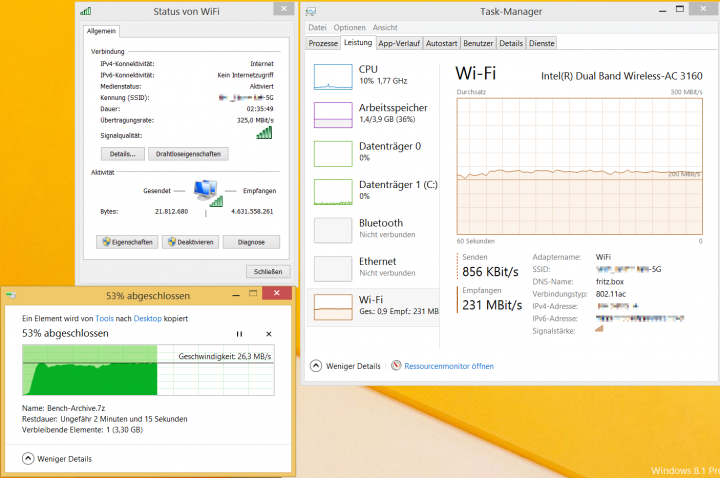 Die ZOTAC ZBOX Sphere unterstützt auch W-LAN ac und erreicht real über 230 Mbit/s