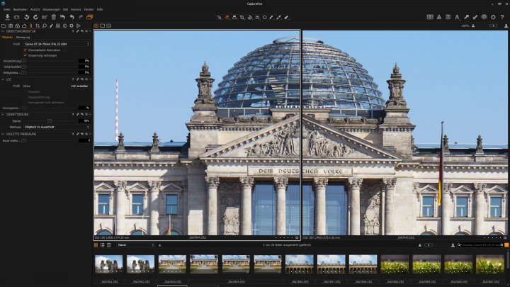 Testbild Canon EF 24-70 mm f/4L IS USM | Canon EOS 5Ds R | Vergleich der Bildschärfe im Zentrum bei 24 mm - f/4 vs f/5.6
