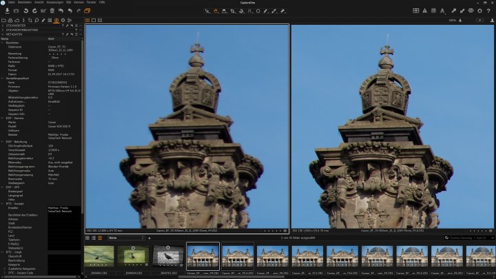 Canon EF 70-300 mm f/4-5.6 IS II USM: Bildschärfe bei 70 mm am Bildrand. links: f/4, rechts: f/5.6