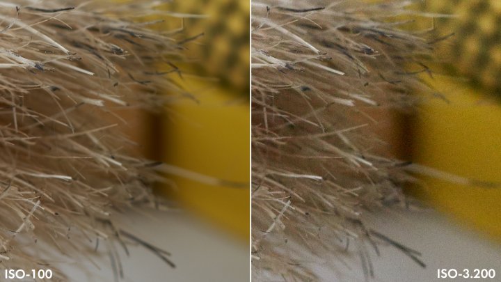 Testbild Sony Alpha 7R IV: Rauschverhalten bei ISO-100 und ISO-3200 im Vergleich