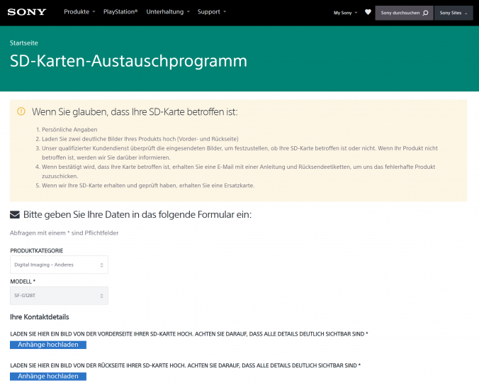 Austauschformular für betroffene SD-Speicherkarten von Sony [Quelle: Sony.de]