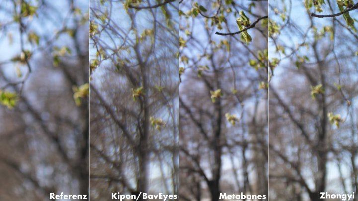 Bokeh im Vergleich: Referenz, Kipon BavEyes EF-MFT AF, Metabones Speed Booster XL und Zhongyi Lens Turbo II EF-M43 (v.l.n.r.)