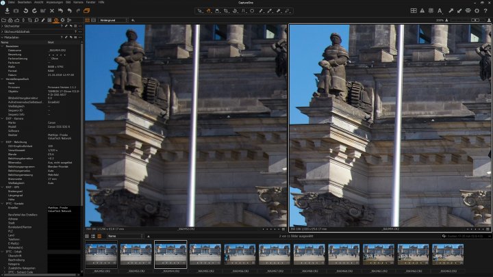 Testbild Tamron 17-35 mm f/2.8-4 Di OSD | Bildqualität bei 17 mm am Bildrand bei f/2.8 (li.) und f/5.6 im Vergleich