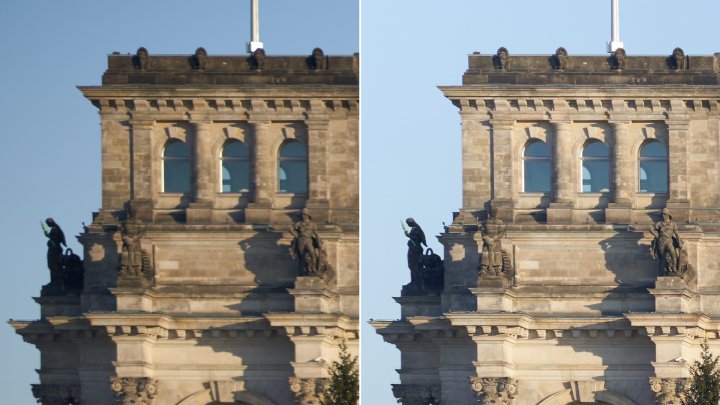 Viltrox 85 mm f/1.8 STM: Bildschärfe am Bildrand bei f/1.8 (li.) und f/8.0 im Vergleich