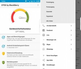 Die DTEK-App (links) sorgt für Sicherheit. Über den BlackBerry Hub (rechts) kommen Nachrichten herein.