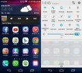 Links: Wie immer werden bei Huaweis Emotion UI alle Apps auf dem Desktop angeordnet, die Icons passen sich dem Design an; Rechts: Die Schnelleinstellungen der Task-Leiste