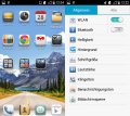 Da die Emotion UI über keinen separaten App-Launcher verfügt werden alle Apps auf dem Homescreen gelagert. Rechts ist das vereinfachte Einstellungsmenü mit den wichtigsten Punkten zu sehen