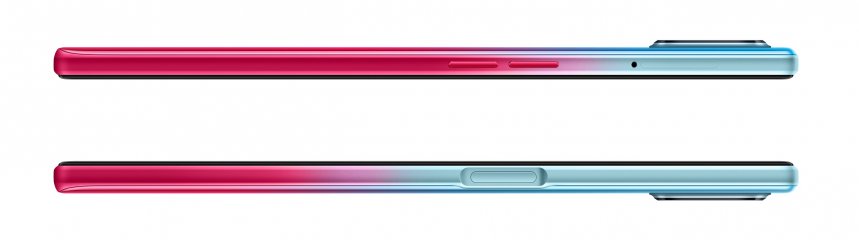 Auch an den Gehäuseseiten des Oppo A73 5G ist der Übergang von Hellblau zu Pink sehr schön zu sehen